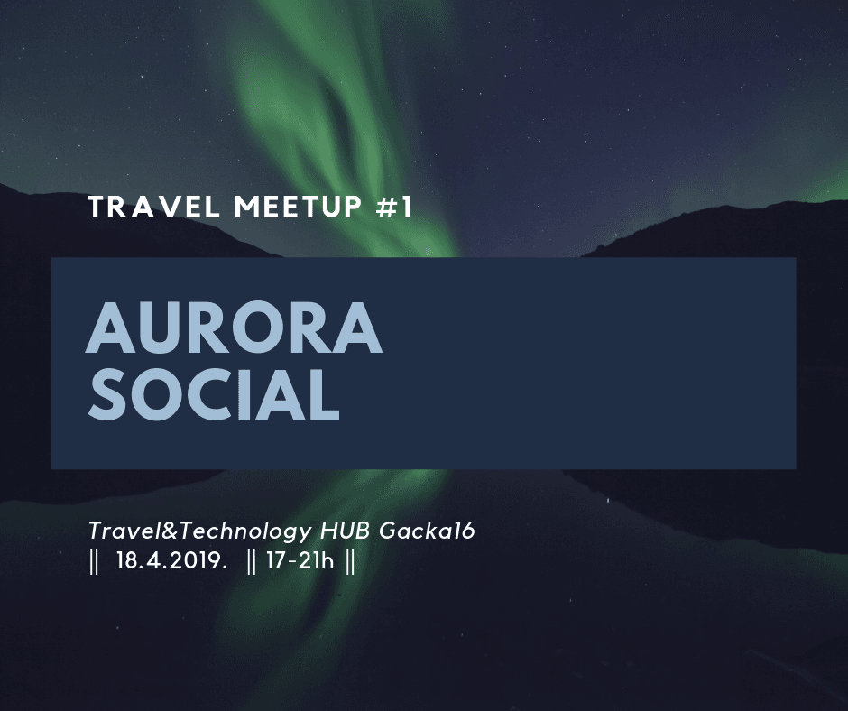 Plakat Aurora Social meetupa sa zelenom polarnom svjetlošću nad noćnim krajolikom