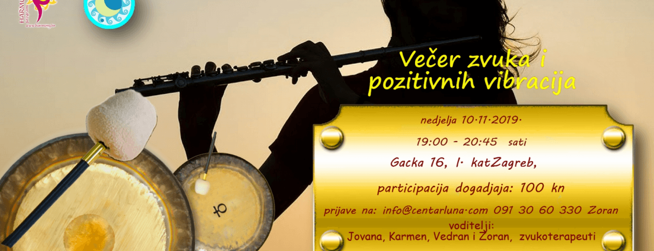 Banner Večeri zvuka s gongom, zdjelom i siluetom žene koja svira flautu