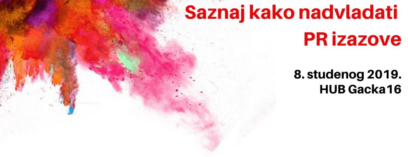 Banner konferencije sa šarenom mrljom boje i crvenim natpisom o PR izazovima
