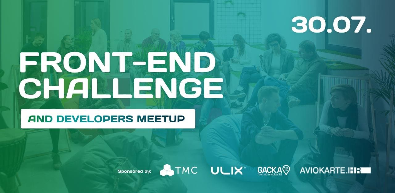 Zeleni plakat Front-end Challengea i meetupa programera s datumom 30. srpnja